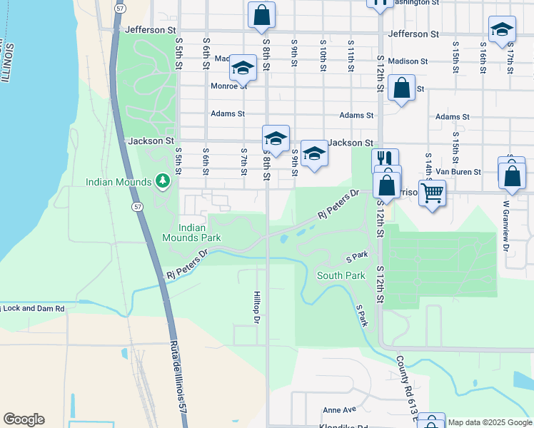 map of restaurants, bars, coffee shops, grocery stores, and more near South 8th Street in Quincy