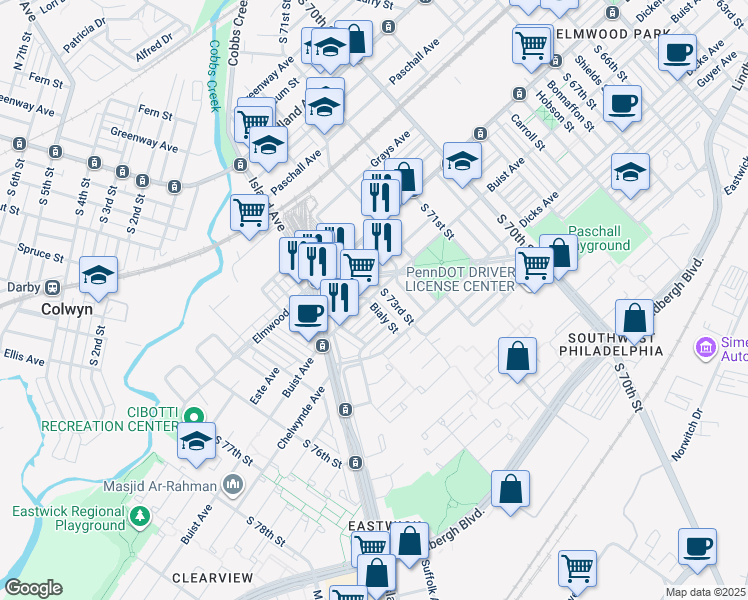 map of restaurants, bars, coffee shops, grocery stores, and more near 2601 Bialy Street in Philadelphia