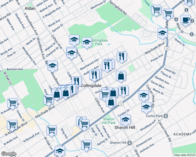 map of restaurants, bars, coffee shops, grocery stores, and more near 627 Macdade Boulevard in Collingdale