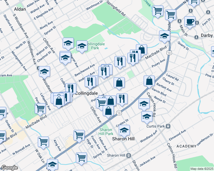 map of restaurants, bars, coffee shops, grocery stores, and more near 123 Felton Avenue in Collingdale