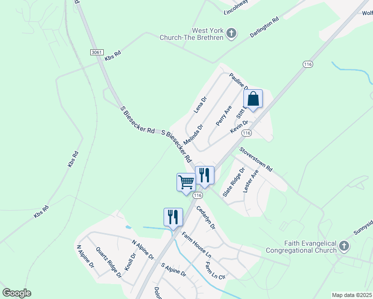map of restaurants, bars, coffee shops, grocery stores, and more near 43 Biesecker Road in York