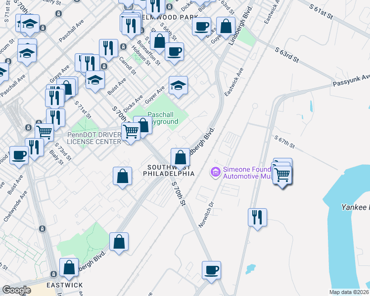 map of restaurants, bars, coffee shops, grocery stores, and more near 6931 Lindbergh Boulevard in Philadelphia