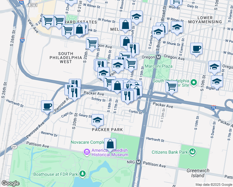 map of restaurants, bars, coffee shops, grocery stores, and more near 1713 Packer Avenue in Philadelphia