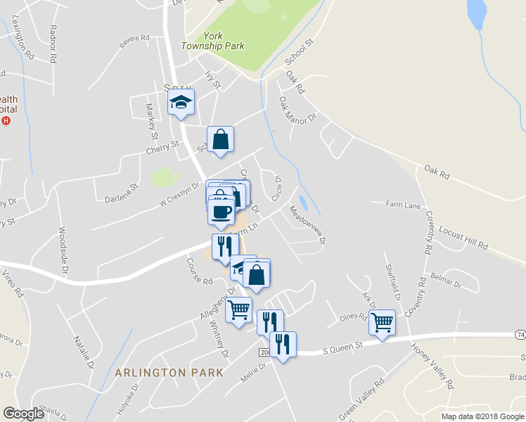 map of restaurants, bars, coffee shops, grocery stores, and more near 49 Crestview Drive in York