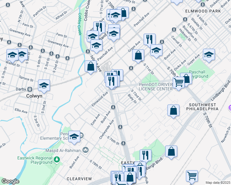 map of restaurants, bars, coffee shops, grocery stores, and more near 7369 Theodore Street in Philadelphia