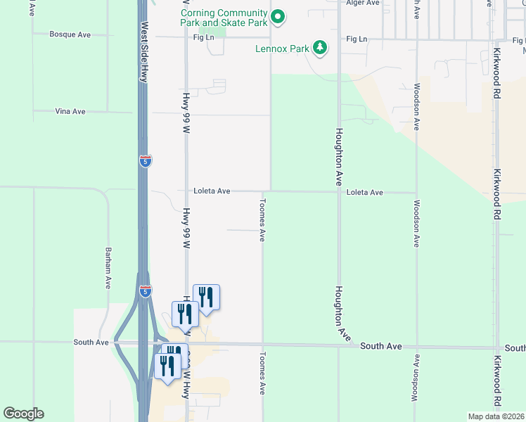 map of restaurants, bars, coffee shops, grocery stores, and more near 3911 Toomes Avenue in Corning