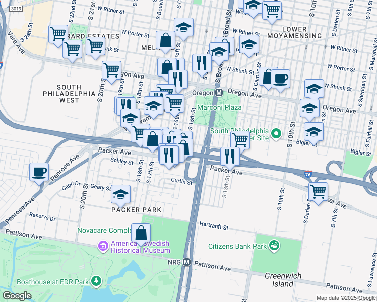 map of restaurants, bars, coffee shops, grocery stores, and more near 3021 South 15th Street in Philadelphia