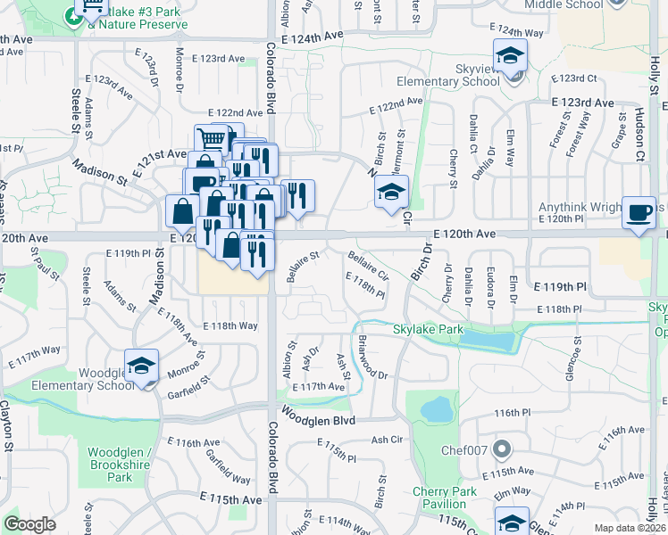 map of restaurants, bars, coffee shops, grocery stores, and more near 4245 East 119th Place in Thornton