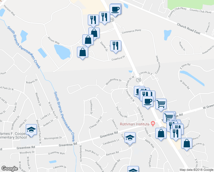 map of restaurants, bars, coffee shops, grocery stores, and more near 1 Westerly Drive in Evesham