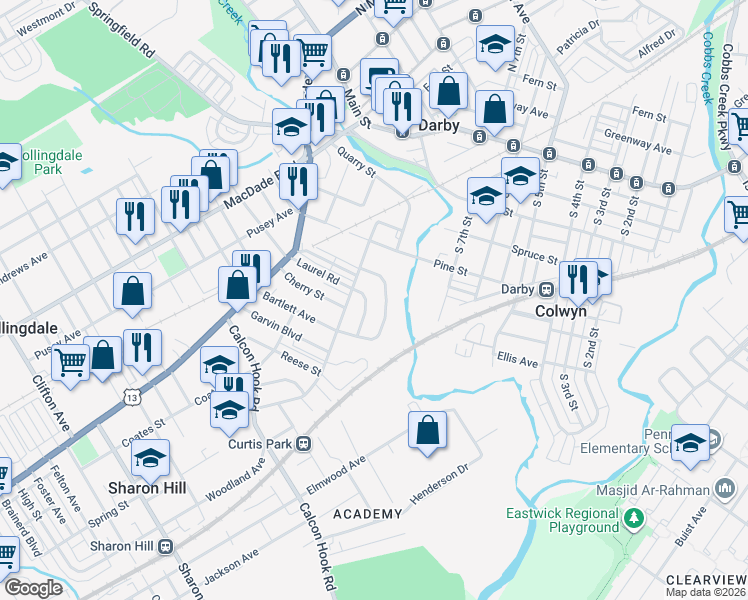 map of restaurants, bars, coffee shops, grocery stores, and more near 320 Laurel Road in Sharon Hill