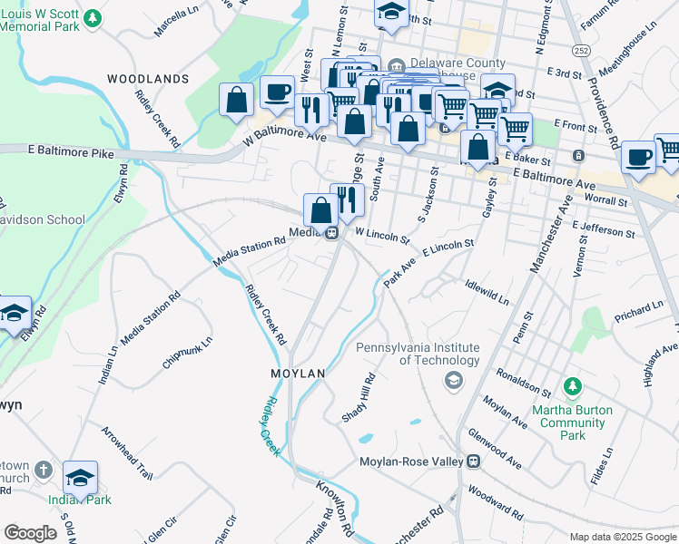 map of restaurants, bars, coffee shops, grocery stores, and more near 522 South Avenue in Media