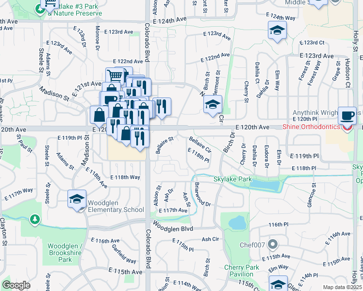 map of restaurants, bars, coffee shops, grocery stores, and more near 4245 East 119th Place in Thornton