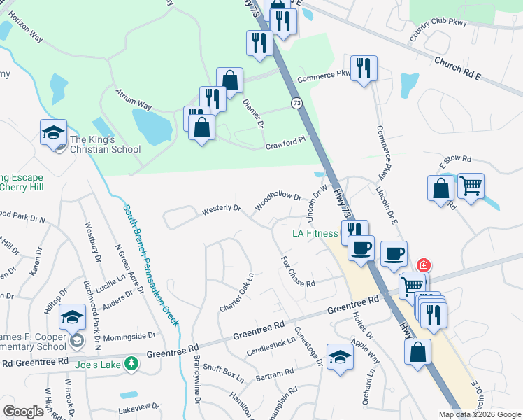 map of restaurants, bars, coffee shops, grocery stores, and more near 1 Westerly Drive in Evesham