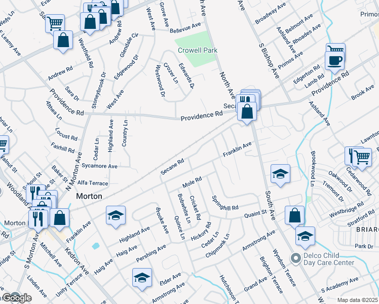 map of restaurants, bars, coffee shops, grocery stores, and more near 2403 Secane Road in Delaware County