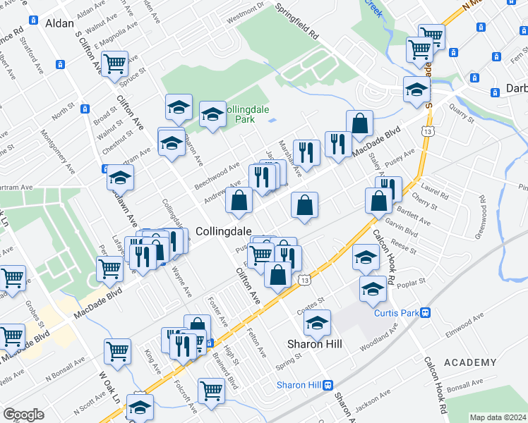 map of restaurants, bars, coffee shops, grocery stores, and more near 600 Macdade Boulevard in Collingdale