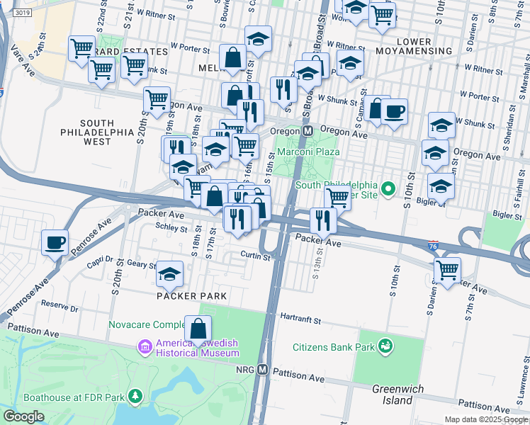 map of restaurants, bars, coffee shops, grocery stores, and more near 3021 South 15th Street in Philadelphia