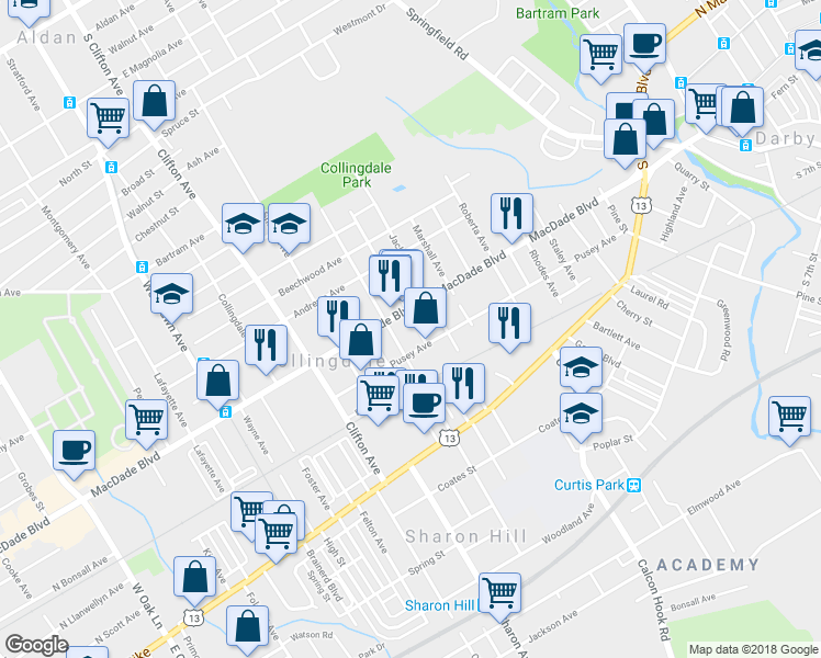 map of restaurants, bars, coffee shops, grocery stores, and more near 114 Lincoln Avenue in Darby