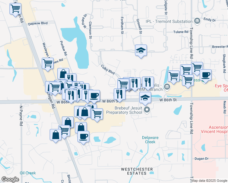 map of restaurants, bars, coffee shops, grocery stores, and more near 3050 Colby Lane in Indianapolis