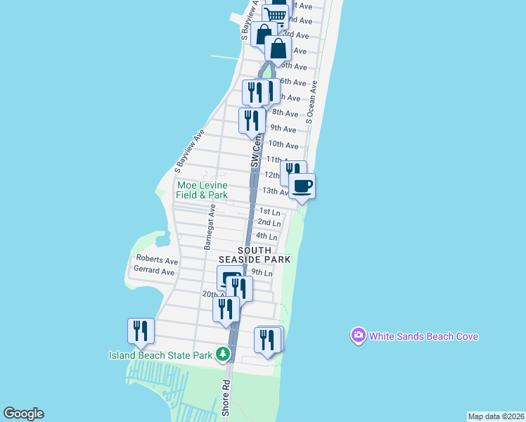 map of restaurants, bars, coffee shops, grocery stores, and more near 15 3rd Lane in Seaside Park