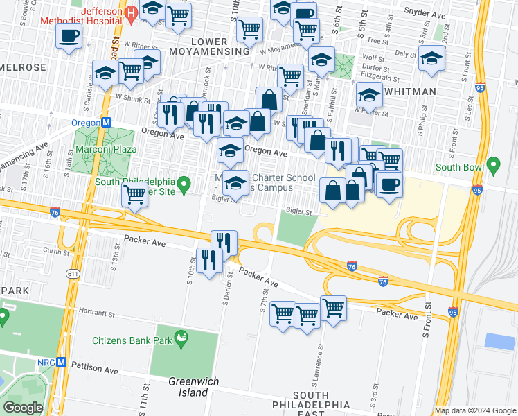 map of restaurants, bars, coffee shops, grocery stores, and more near 2905 South Franklin Street in Philadelphia