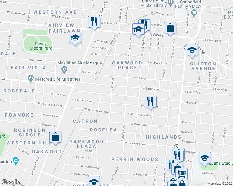 map of restaurants, bars, coffee shops, grocery stores, and more near 338 West Grand Avenue in Springfield