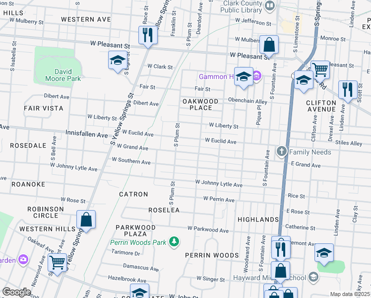 map of restaurants, bars, coffee shops, grocery stores, and more near 332 West Euclid Avenue in Springfield