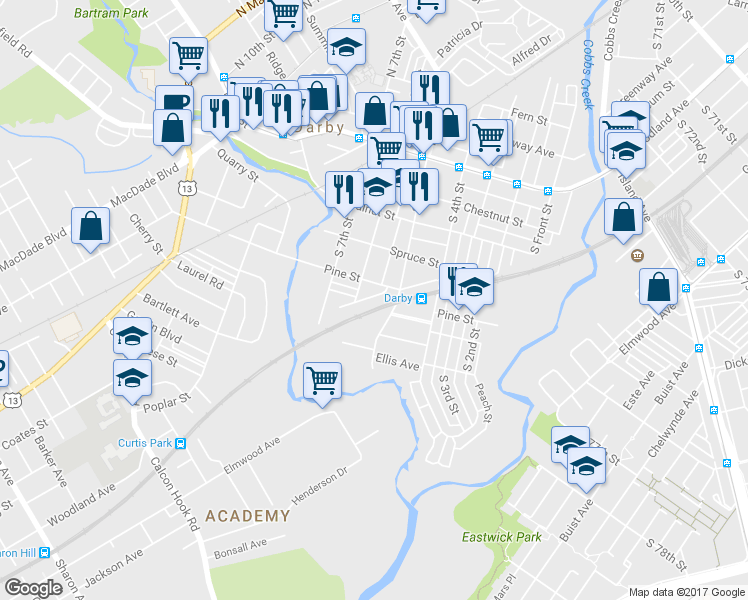 map of restaurants, bars, coffee shops, grocery stores, and more near 522 Keystone Avenue in Darby