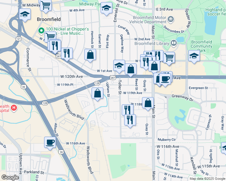 map of restaurants, bars, coffee shops, grocery stores, and more near 11920 Upham Street in Broomfield