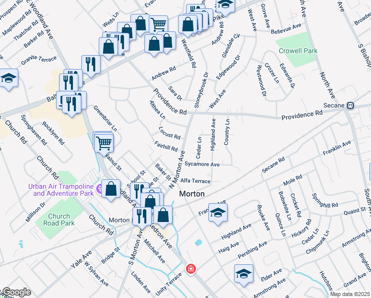 map of restaurants, bars, coffee shops, grocery stores, and more near 613 North Morton Avenue in Morton
