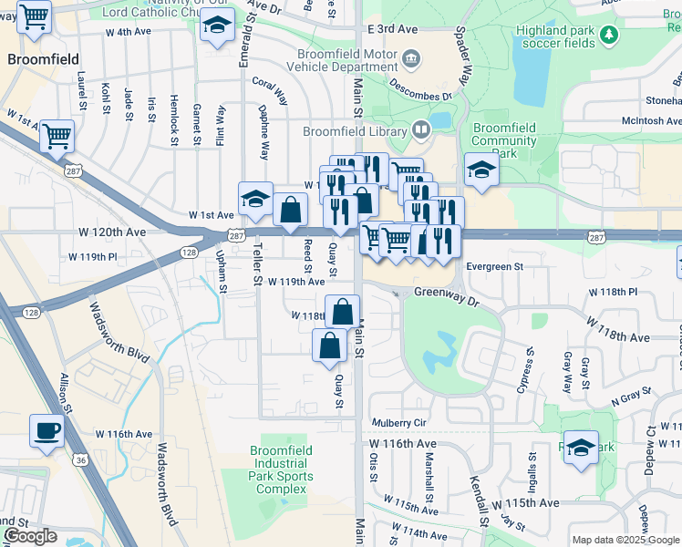 map of restaurants, bars, coffee shops, grocery stores, and more near in Broomfield