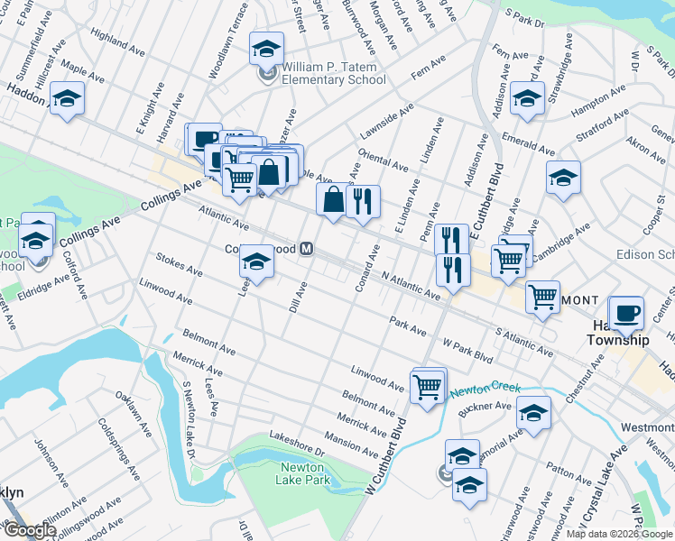 map of restaurants, bars, coffee shops, grocery stores, and more near 3 West Homestead Avenue in Collingswood