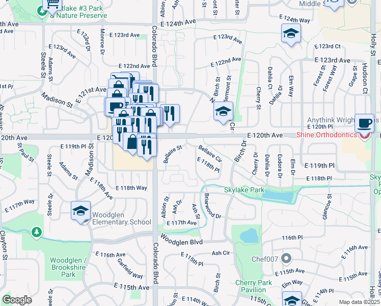 map of restaurants, bars, coffee shops, grocery stores, and more near 11982 Bellaire Street in Thornton