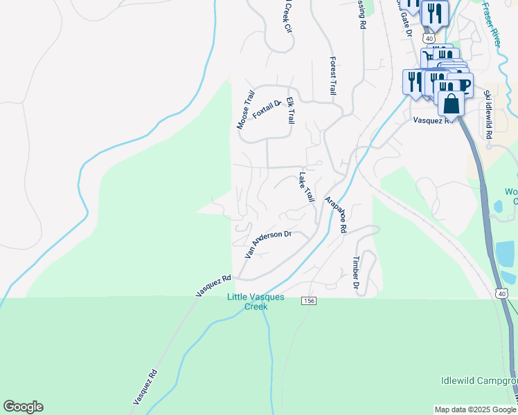 map of restaurants, bars, coffee shops, grocery stores, and more near 121 Elk Trail in Winter Park