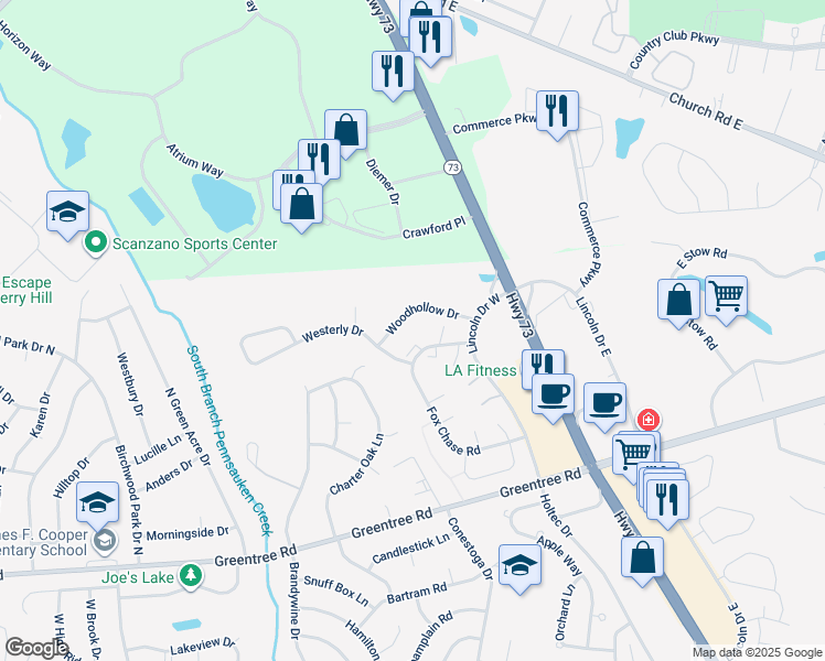 map of restaurants, bars, coffee shops, grocery stores, and more near 1404 Woodhollow Drive in Evesham Township