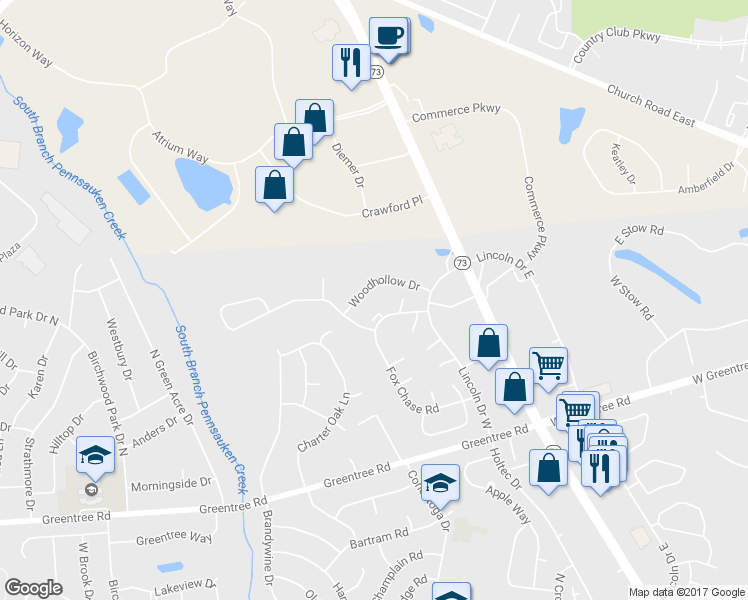 map of restaurants, bars, coffee shops, grocery stores, and more near 1404 Woodhollow Drive in Evesham Township