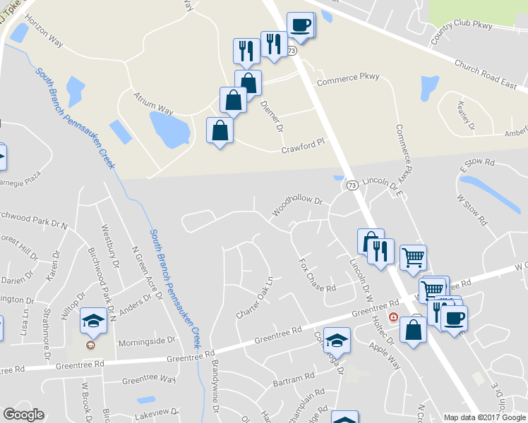 map of restaurants, bars, coffee shops, grocery stores, and more near 2513 Eagle Row in Evesham