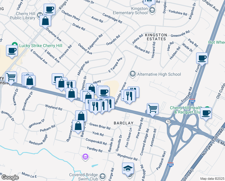 map of restaurants, bars, coffee shops, grocery stores, and more near 500 Barclay Walk in Cherry Hill