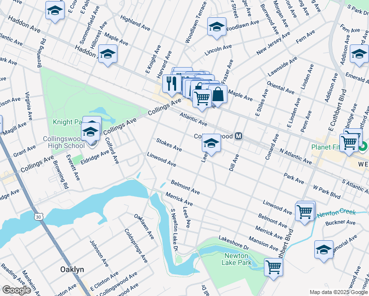 map of restaurants, bars, coffee shops, grocery stores, and more near 706 Park Avenue in Collingswood