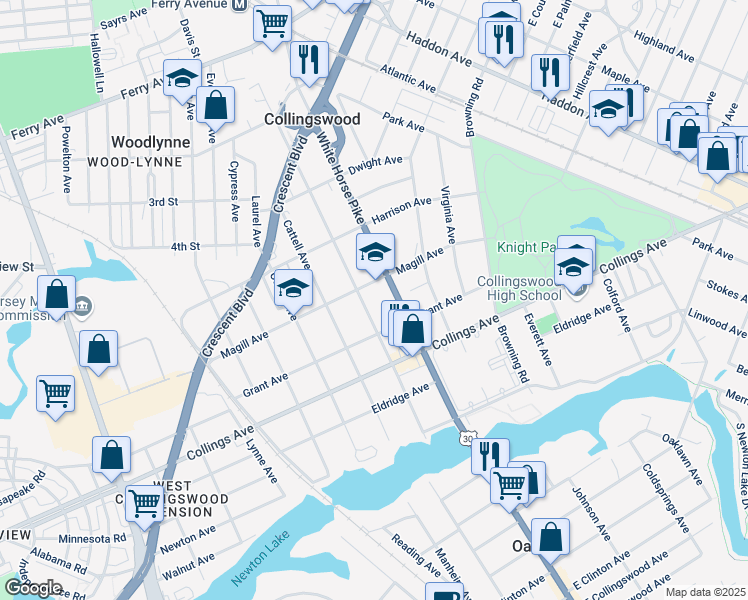 map of restaurants, bars, coffee shops, grocery stores, and more near 406 White Horse Pike in Collingswood