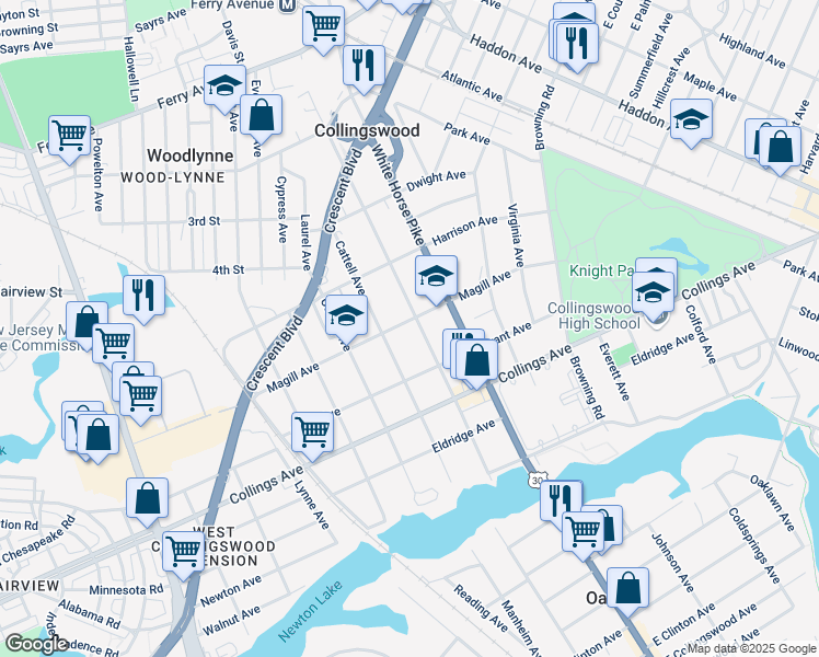 map of restaurants, bars, coffee shops, grocery stores, and more near 337 Richey Avenue in Oaklyn
