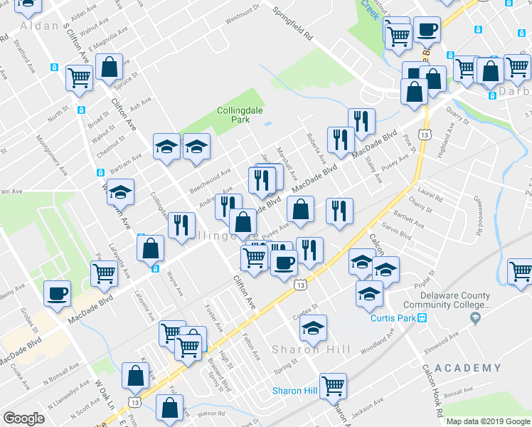map of restaurants, bars, coffee shops, grocery stores, and more near 519 Macdade Boulevard in Collingdale