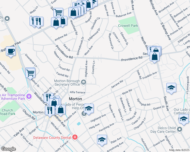 map of restaurants, bars, coffee shops, grocery stores, and more near 207 Country Circle in Morton