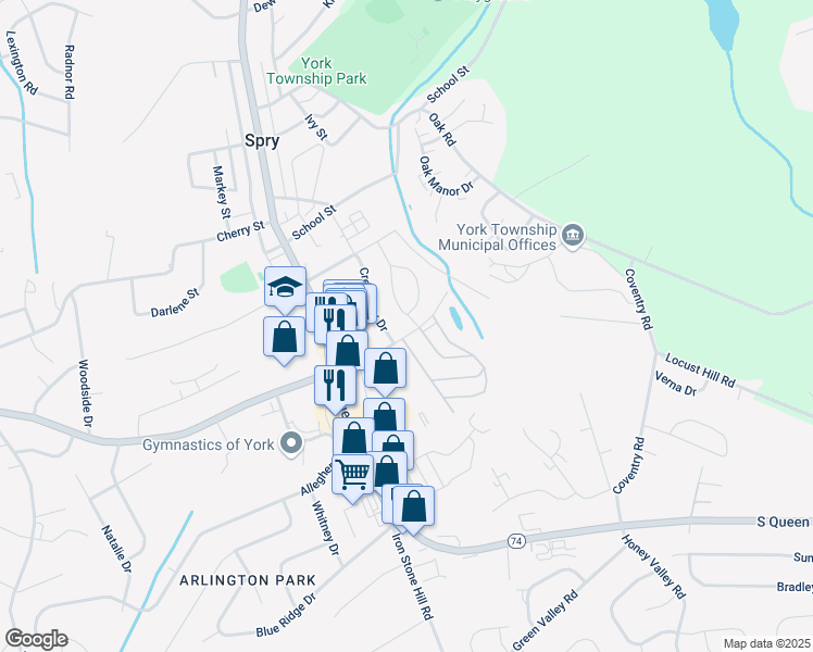 map of restaurants, bars, coffee shops, grocery stores, and more near 46 Circle Drive in York