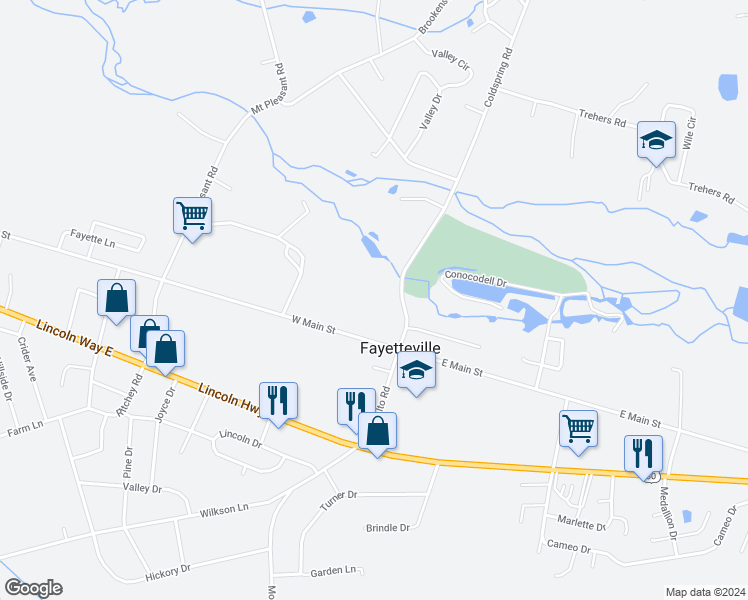 map of restaurants, bars, coffee shops, grocery stores, and more near 97 West Main Street in Fayetteville