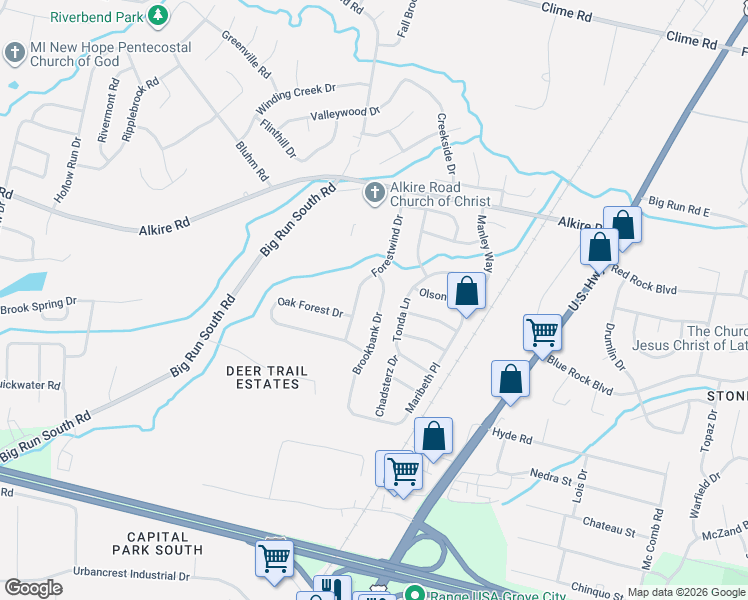 map of restaurants, bars, coffee shops, grocery stores, and more near 2076 Brookbank Drive in Grove City