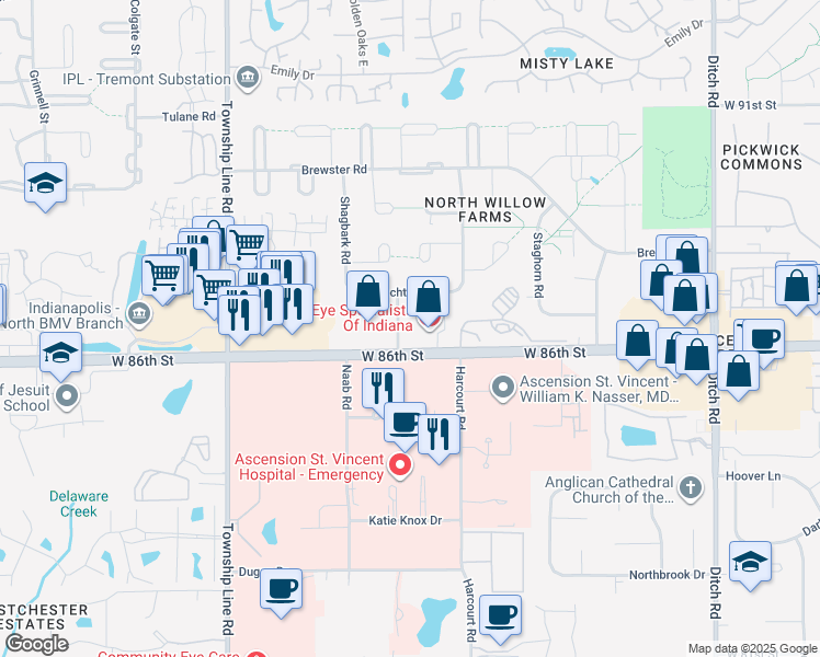 map of restaurants, bars, coffee shops, grocery stores, and more near 2029 Bechtel Road in Indianapolis