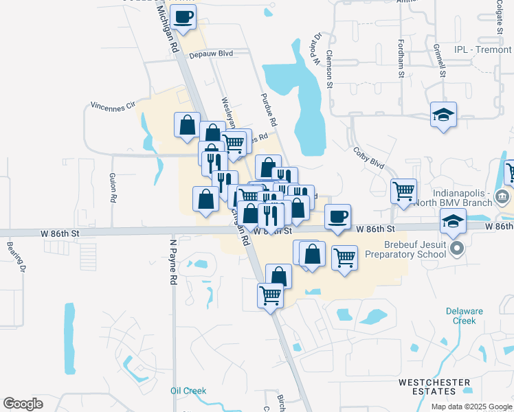 map of restaurants, bars, coffee shops, grocery stores, and more near 3520 Founders Road in Indianapolis