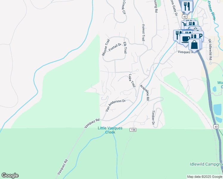 map of restaurants, bars, coffee shops, grocery stores, and more near 121 Elk Trail in Winter Park