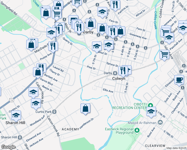 map of restaurants, bars, coffee shops, grocery stores, and more near 614 Colwyn Avenue in Darby
