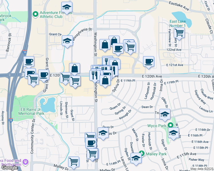 map of restaurants, bars, coffee shops, grocery stores, and more near 11934 Washington St in Denver